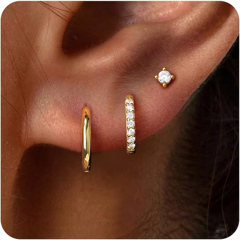 Poxtex Small Sterling Silver Huggie Hoop Earrings Set for Women, Hypoallergenic 14K Gold Plated Hoops Stacks for Multiple Piercings, Dainty Cute Mini Lightweight Cartilage Studs Trendy Jewelry Gift - Image 1